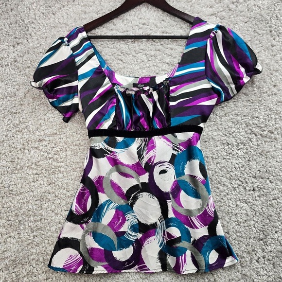 Sele Babydoll Top Womens Medium Colorful Satin Short Sleeve Tie Y2K - Picture 3 of 15